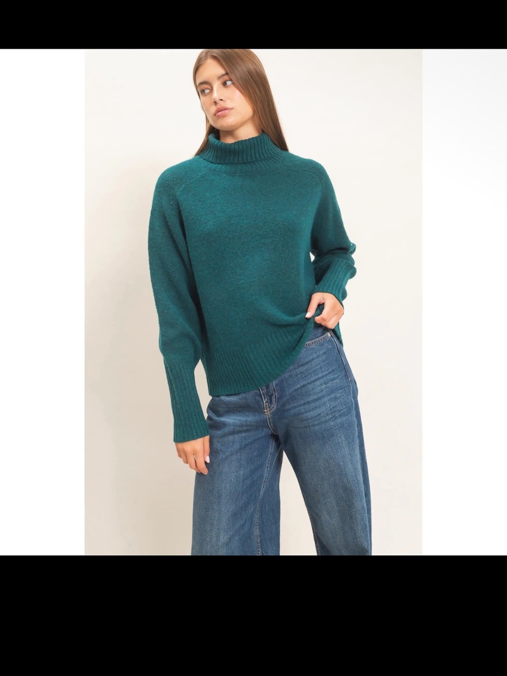 045. Teal Green,  relaxed fit , ribbed cuffs, Turtleneck Sweater, various sizes